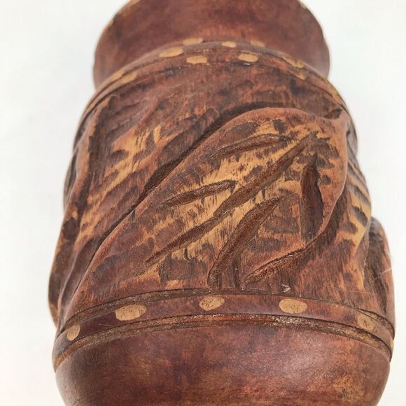 Wood Hand Carved Brown Turned Pedestal  Vase - Picture 7 of 15